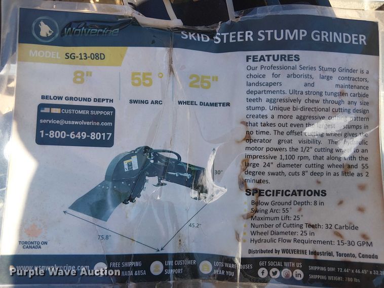 image for item ES8840 2025 Wolverine SG-13-08D skid steer stump grinder