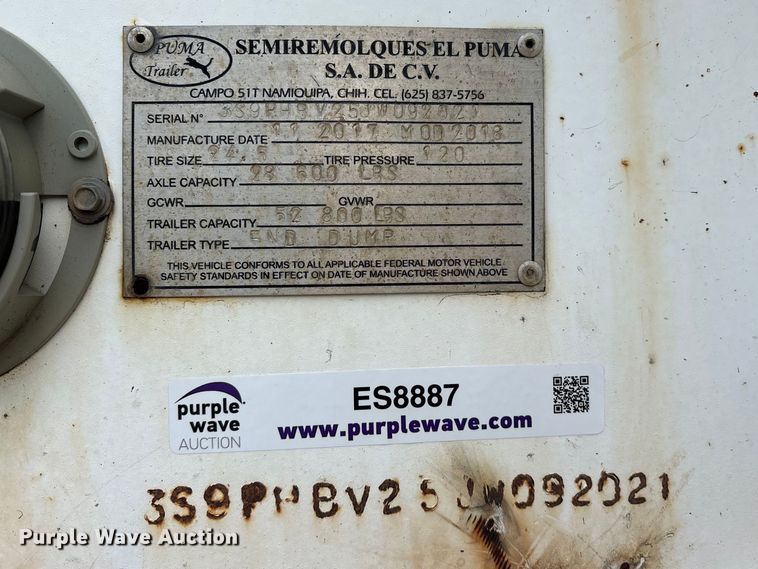 image for item ES8887 2018 Puma end dump trailer