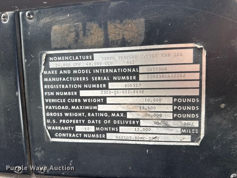 image for item ET1932 1980 International Cargostar 1850 B truck cab and chassis with tree spade