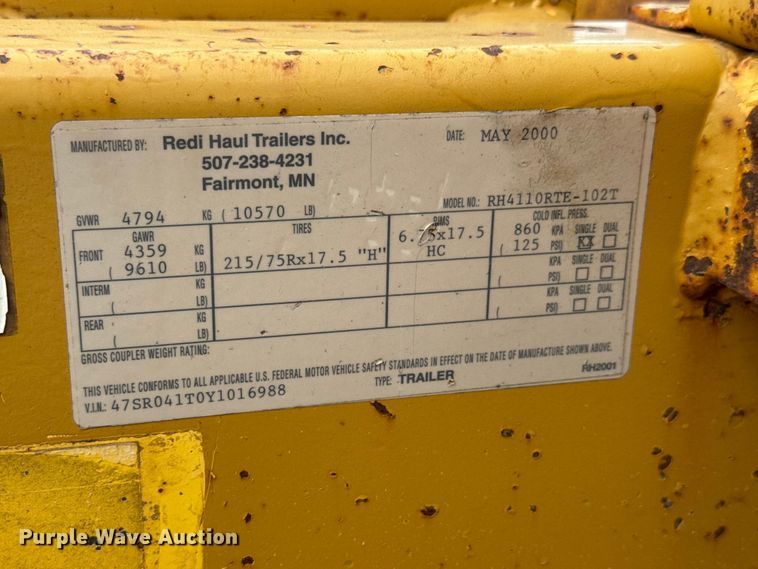 image for item ET1974 2000 Redi Haul RH4110RTE-102T reel trailer