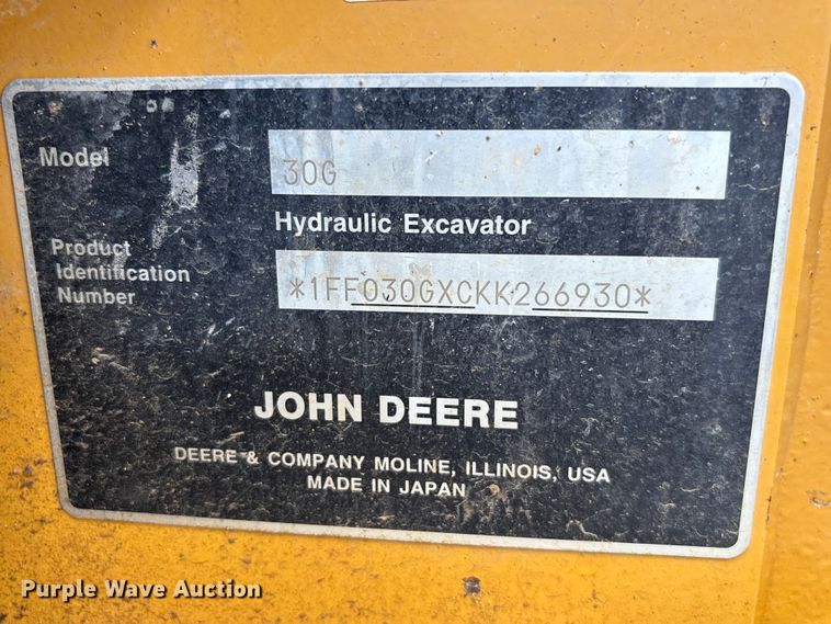 image for item EU0539 2021 John Deere 30G mini excavator