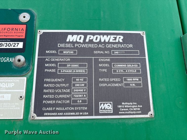 image for item EU8639 2015 Multiquip MQP240 generator