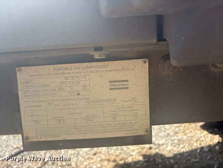 image for item EV2923 2015 Atlas Copco XAS 185 air compressor