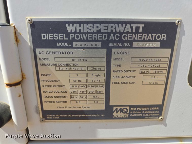 image for item EV5907 2007 MQ Power DCA-25SSIU2 generator