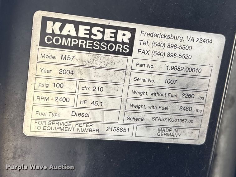 image for item FB3663 2004 Kaeser M57 air compressor