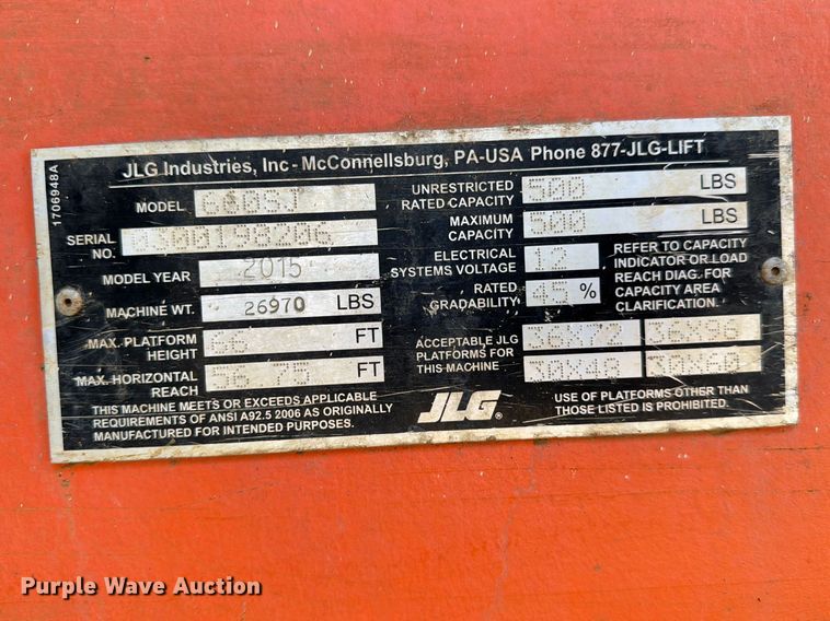 image for item FC3047 2015 JLG 660SJ boom lift