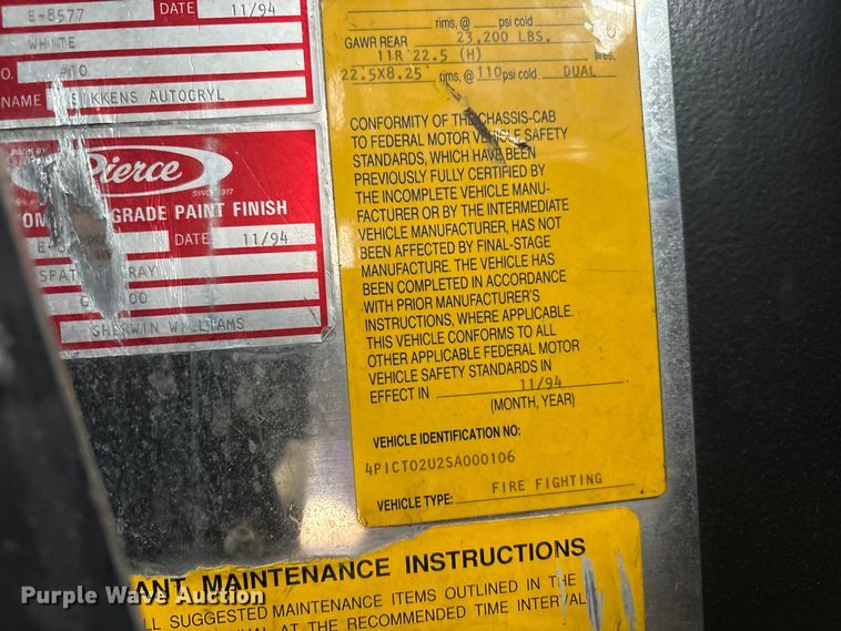 image for item FK1398 1995 Pierce pumper fire truck