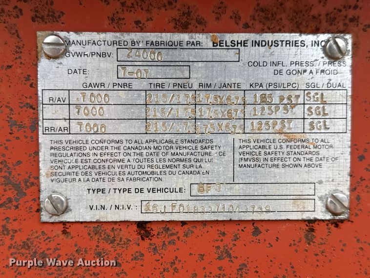 image for item MX9155 2007 Belshe BF9T equipment trailer