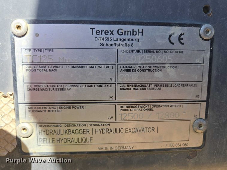 image for item YA3417 2012 Terex TC125 mini excavator