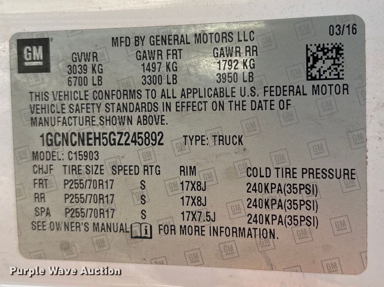 image for item DT0172 2016 Chevrolet Silverado 1500 pickup truck