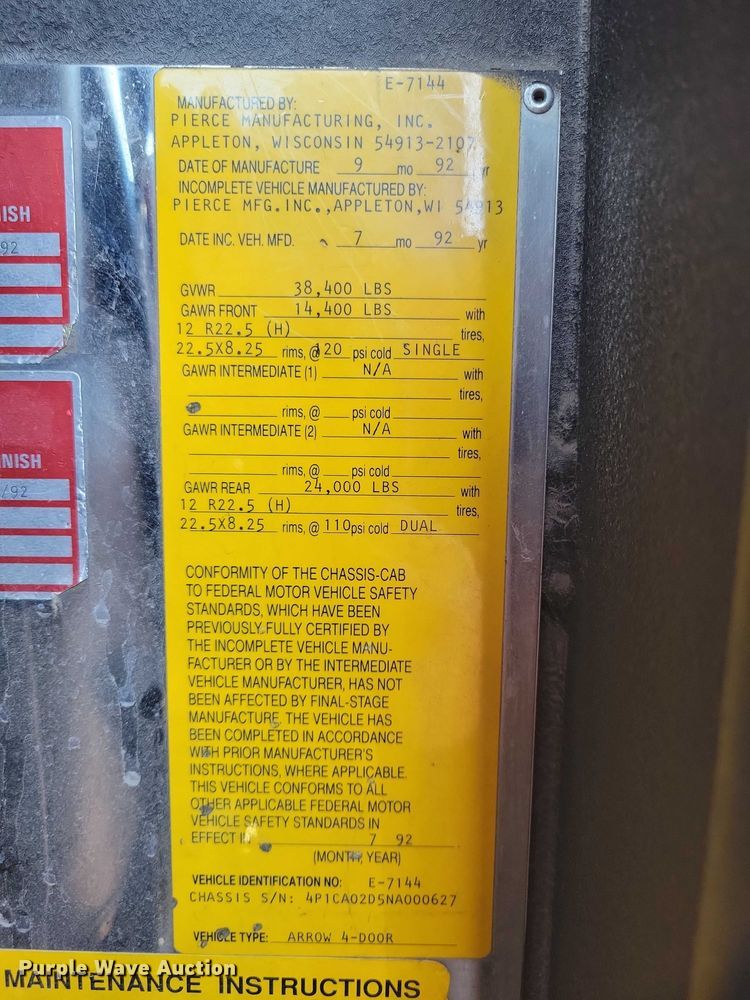 image for item DZ7050 1992 Pierce Manufacturing Arrow pumper fire truck