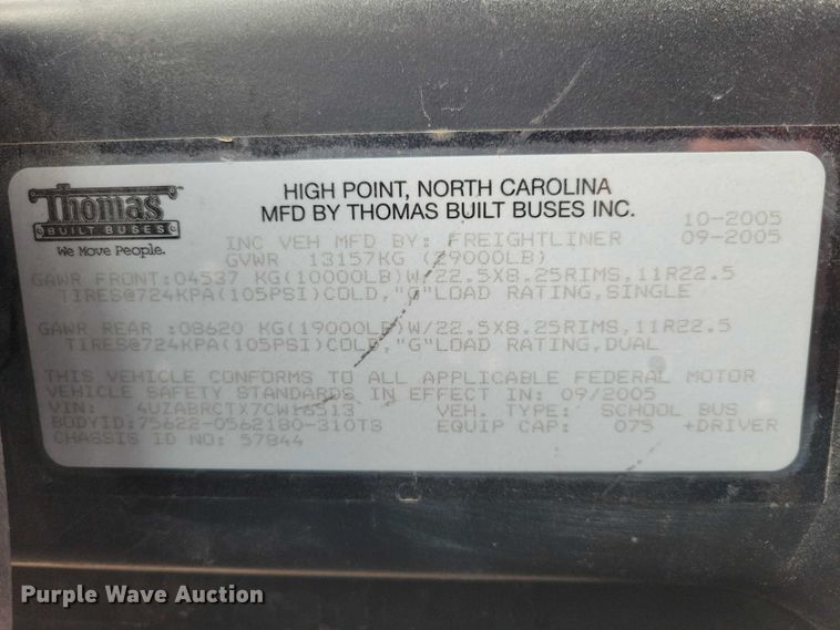 image for item DZ7077 2007 Thomas B2 Bus Chassis school bus