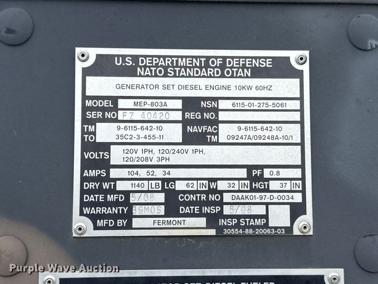 image for item ET6028 2008 Fermont MEP-803A generator