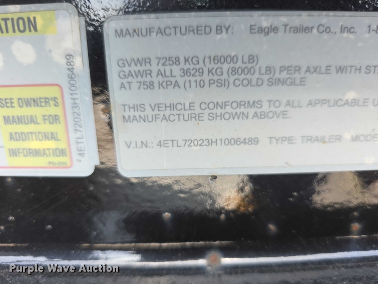 image for item EV2068 2017 Eagle 7X20LTA80-16000 equipment trailer