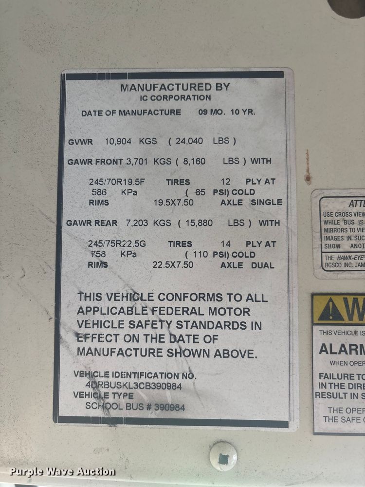 image for item EV2950 2012 IC Corporation PB105 school bus