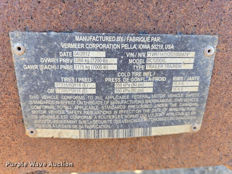 image for item EV5899 2012 Vermeer BC1200XL wood chipper