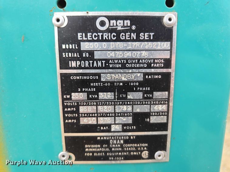 image for item EV5958 Onan 250.0 DYB-17R/15210D generator