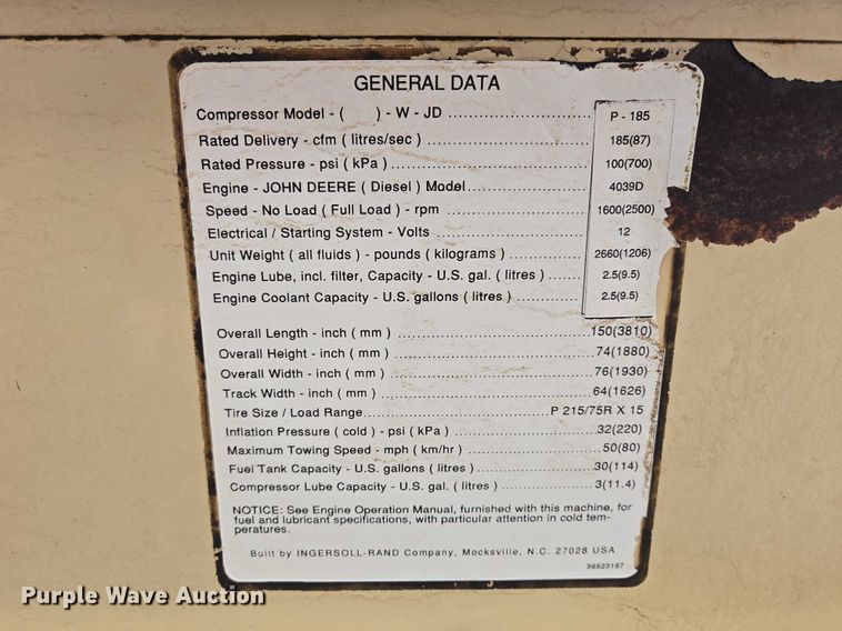 image for item EV5984 1996 Ingersoll Rand 185 air compressor