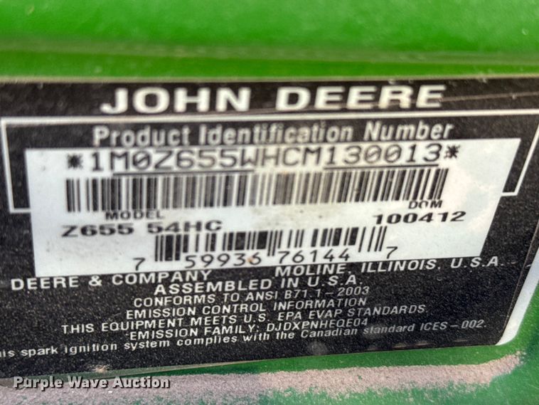 image for item FB7215 2012 John Deere Z655 ZTR lawn mower