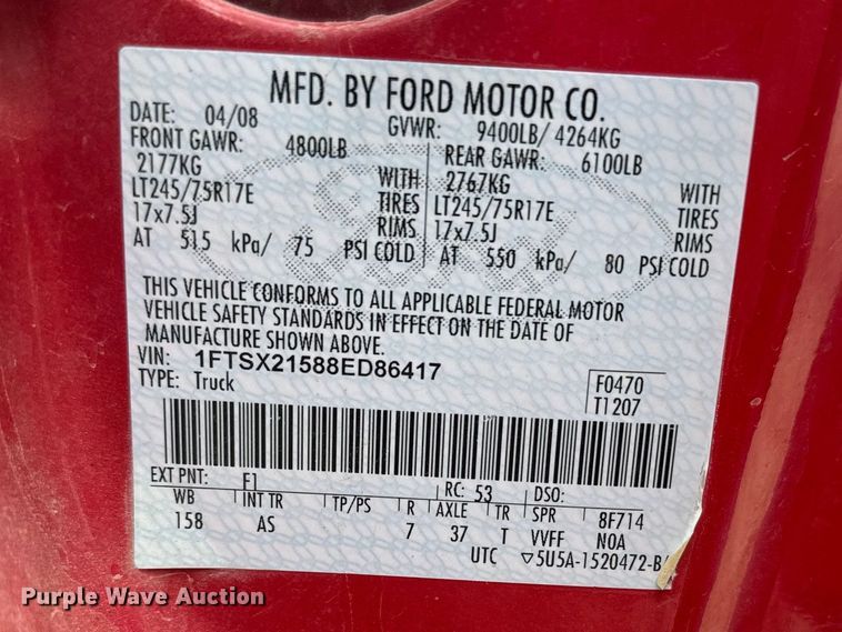 image for item FB7276 2008 Ford F250 Super Duty Ext. Cab pickup truck