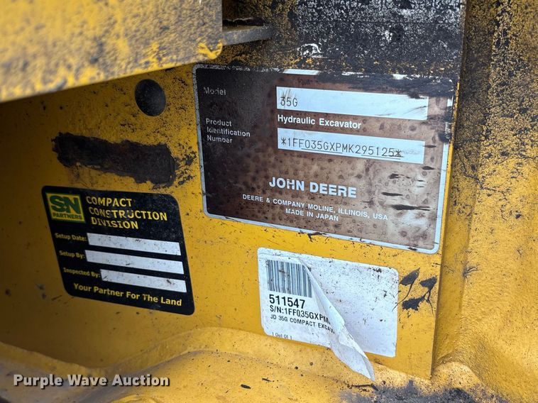 image for item FC5629 2021 John Deere 35G mini excavator