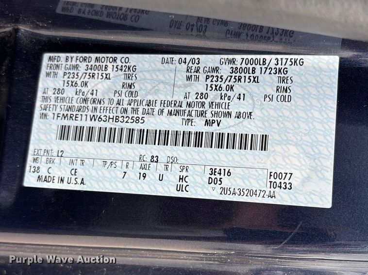 image for item FG0263 2003 Ford E150 van