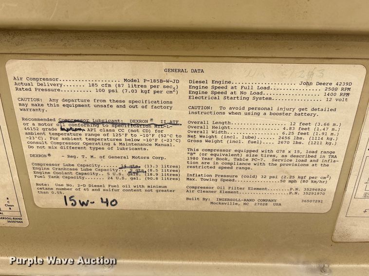 image for item FG2778 1989 Ingersoll Rand 185 air compressor