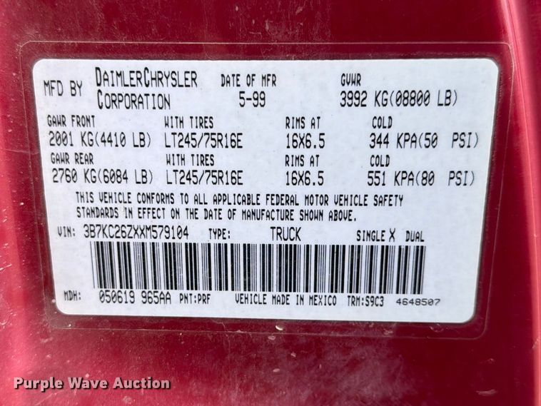 image for item FK0127 1999 Dodge Ram 2500 pickup truck