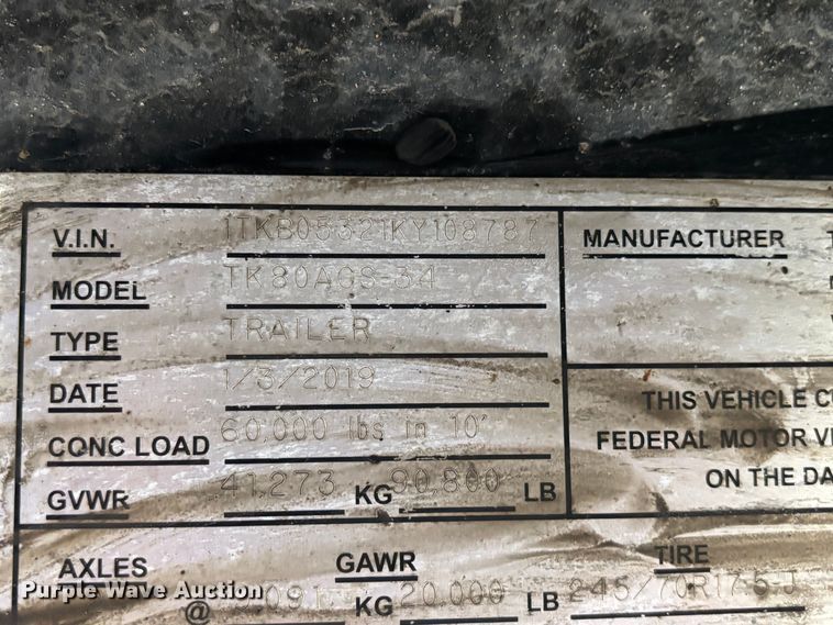 image for item EM0100 2019 Trail King TK80ACS-34 drop deck equipment trailer