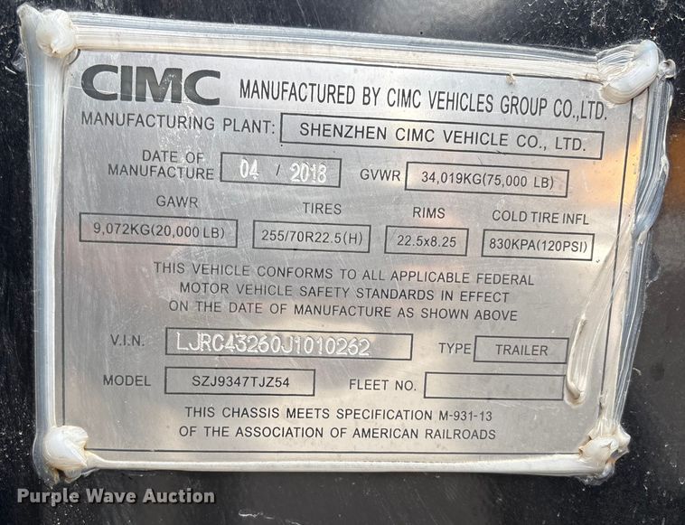 image for item EU8530 2018 CIMC SZJ9347TJZ54 container trailer