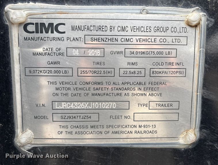 image for item EU8531 2018 CIMC SZJ9347TJZ54 container trailer