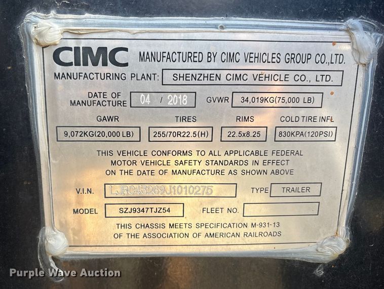 image for item EU8545 2018 CIMC SZJ9347TJZ54 container trailer