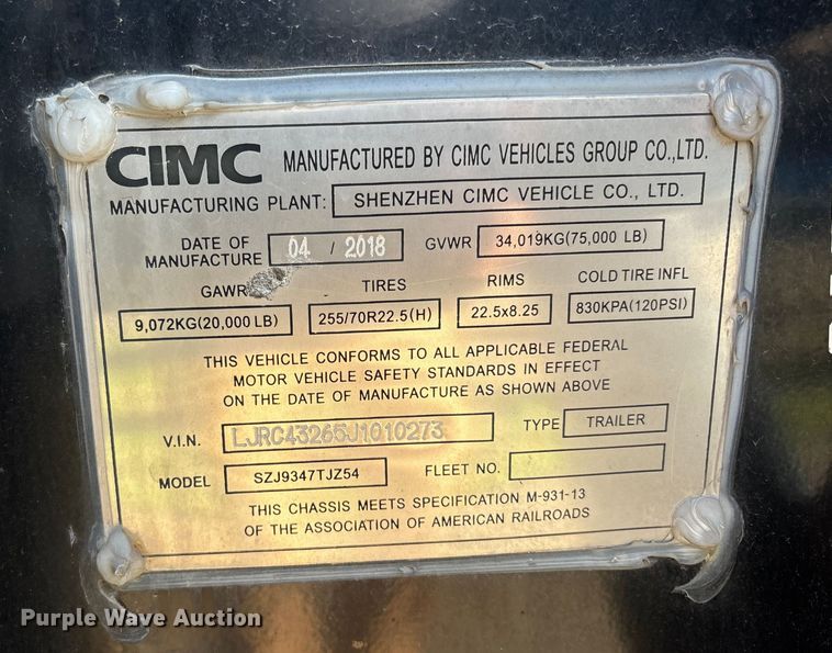 image for item EU8547 2018 CIMC SZJ9347TJZ54 container trailer