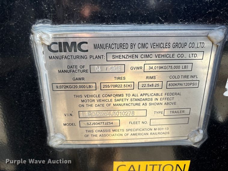 image for item EU8548 2018 CIMC SZJ9347TJZ54 container trailer