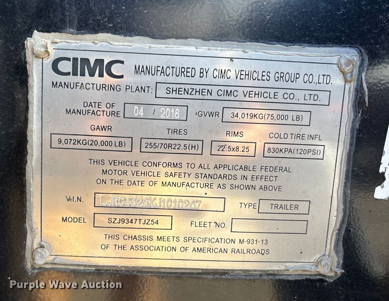 image for item EU8549 2018 CIMC SZJ9347TJZ54 container trailer