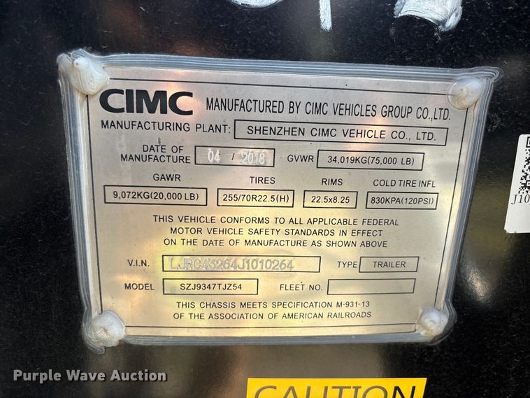 image for item EU8550 2018 CIMC SZJ9347TJZ54 container trailer