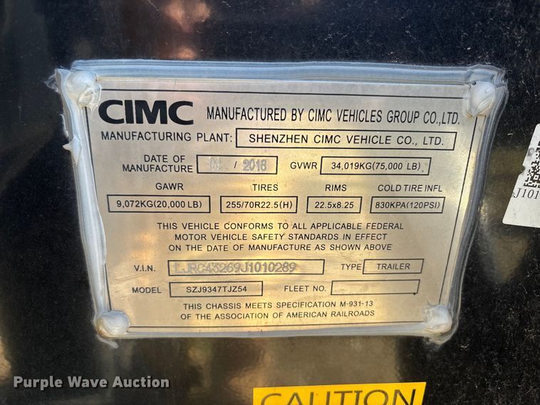 image for item EU8553 2018 CIMC SZJ9347TJZ54 container trailer