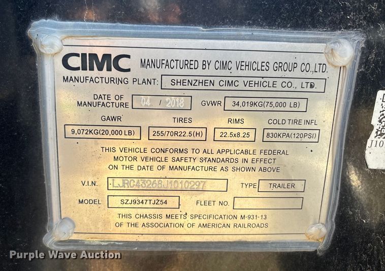 image for item EU8554 2018 CIMC SZJ9347TJZ54 container trailer