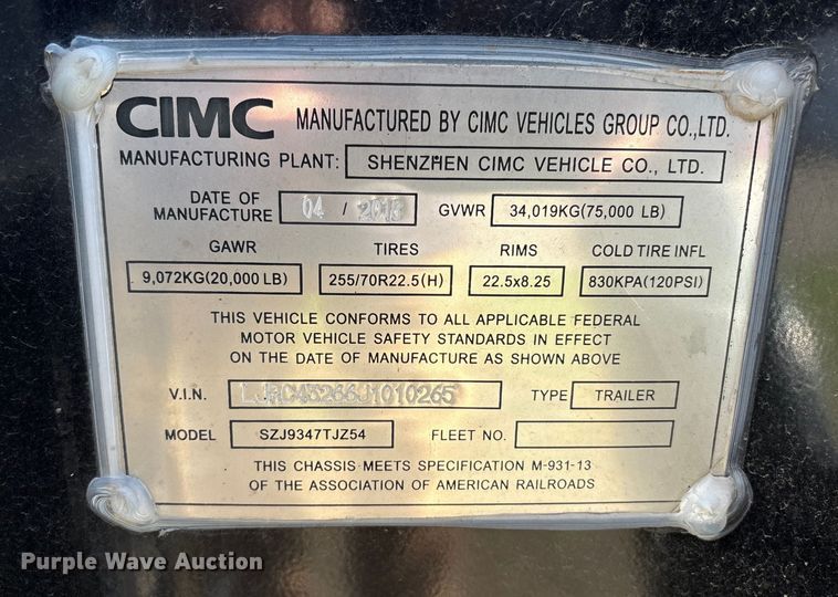 image for item EU8555 2018 CIMC SZJ9347TJZ54 container trailer