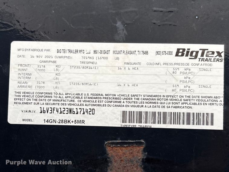 image for item FB3425 2022 Big Tex 14GN-28BK+5MR equipment trailer