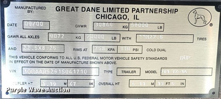 image for item FG2818 2001 Great Dane 701 TZ-1A refrigerated van trailer