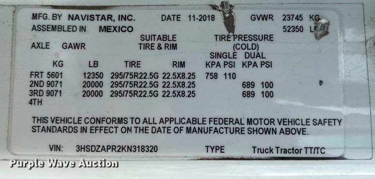 image for item YA1340 2019 International LT625 semi truck