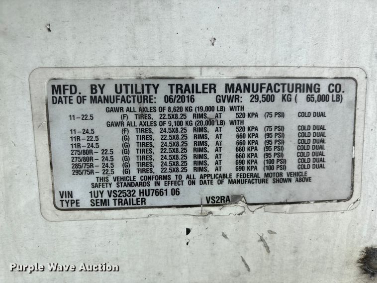 image for item YA2871 2017 Utility VS2RA refrigerated van trailer