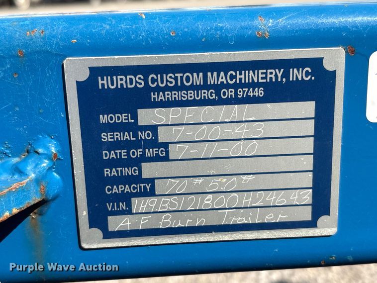 image for item EG9055 2000 Hurds Custom Machinery Special AF Burn Trailer