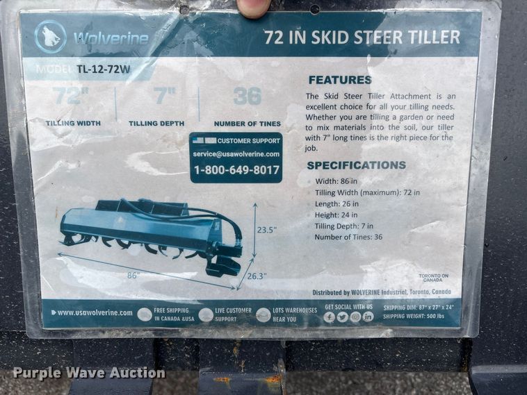 image for item EI5826 Wolverine TL-12-72W skid steer tiller