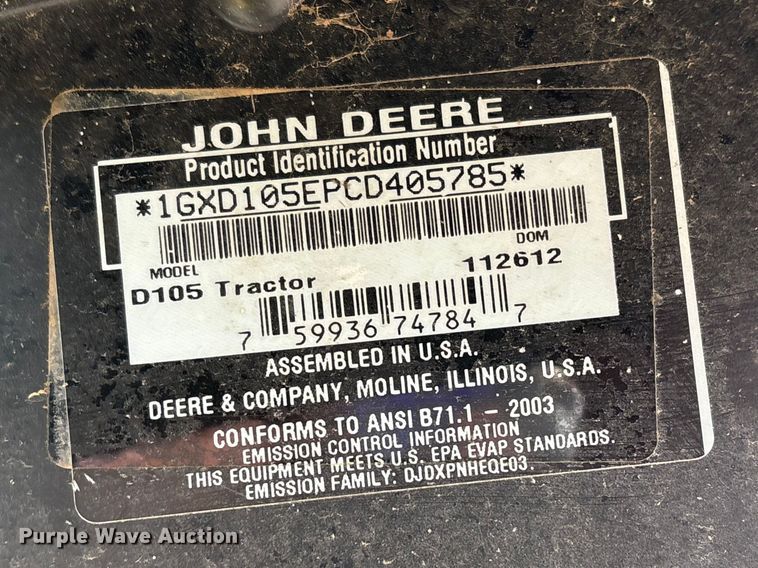 image for item EW0074 2012 John Deere D105 lawn mower