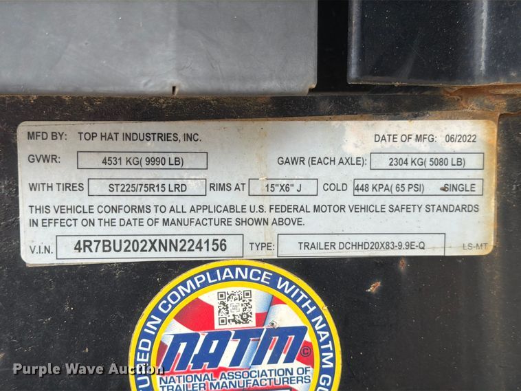 image for item FB8133 2022 Top Hat DCHHD20X83-9.9E-Q equipment trailer
