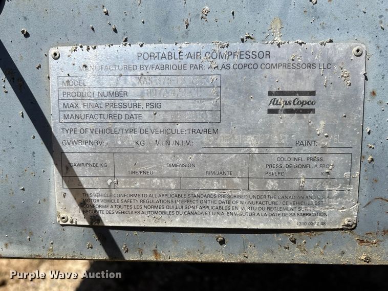 image for item FC5577 2010 Atlas Copco XAS 375 T3 RSC air compressor