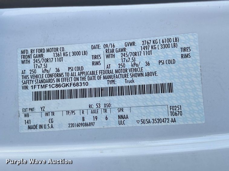 image for item FC5588 2016 Ford F150 XL pickup truck
