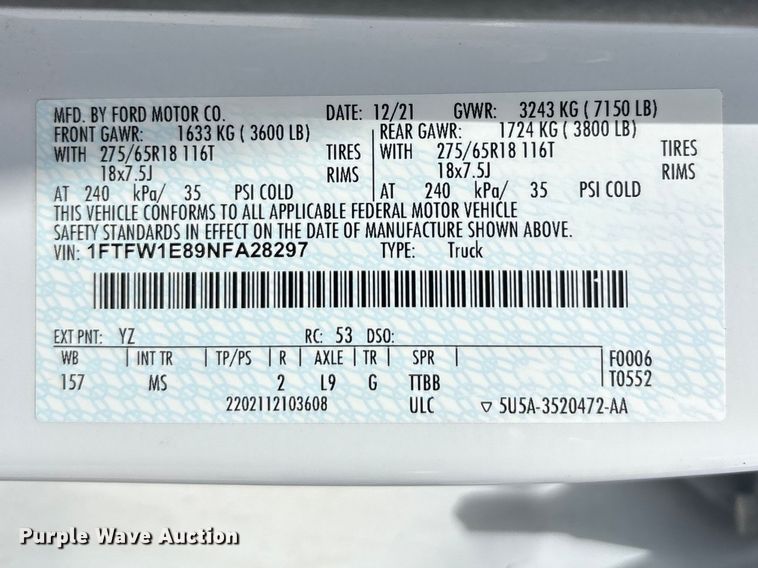 image for item FH7079 2022 Ford F150 Crew Cab pickup truck